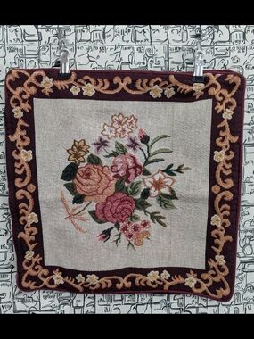 Vintage Biencarlo Floral Needlepoint Accent Pillow Covers - Burgundy & Pink 3pce